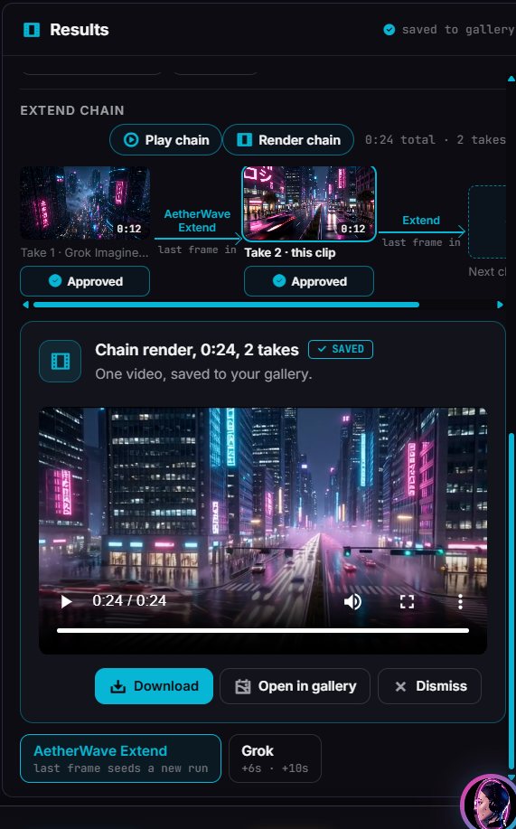 The Extend chain in the Video Studio: two approved takes side by side, the join labelled last frame in, and a chain render of 24 seconds saved to the gallery.