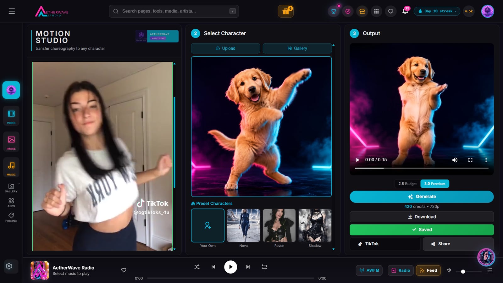 The finished dancing golden retriever puppy video in the output panel, ready to download and share