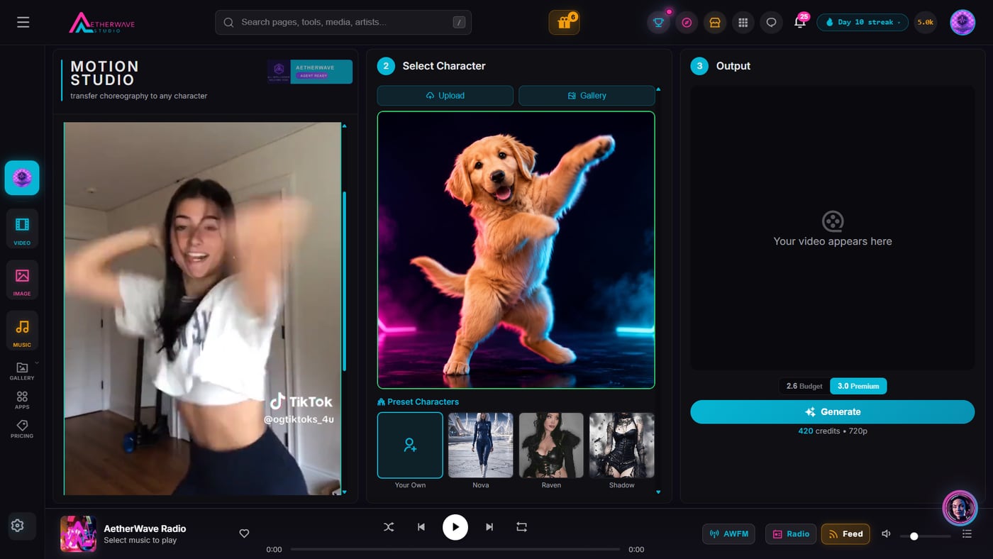 AetherWave Motion Studio: a dance clip on the left, the puppy character in the middle, and the Generate button on the right