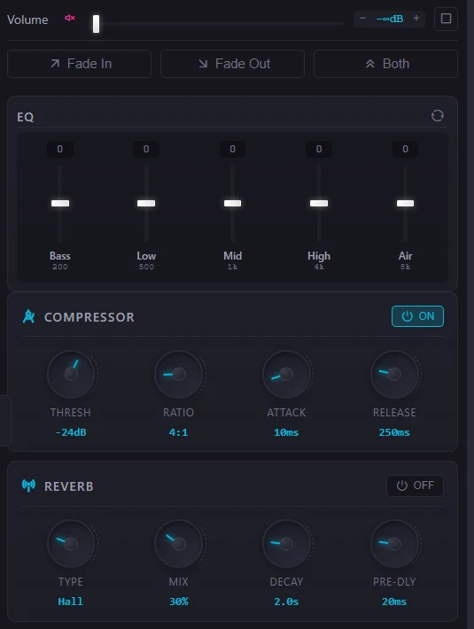 The Project Studio audio panel: volume, fades, a five-band EQ, compressor, reverb and the effects rack.