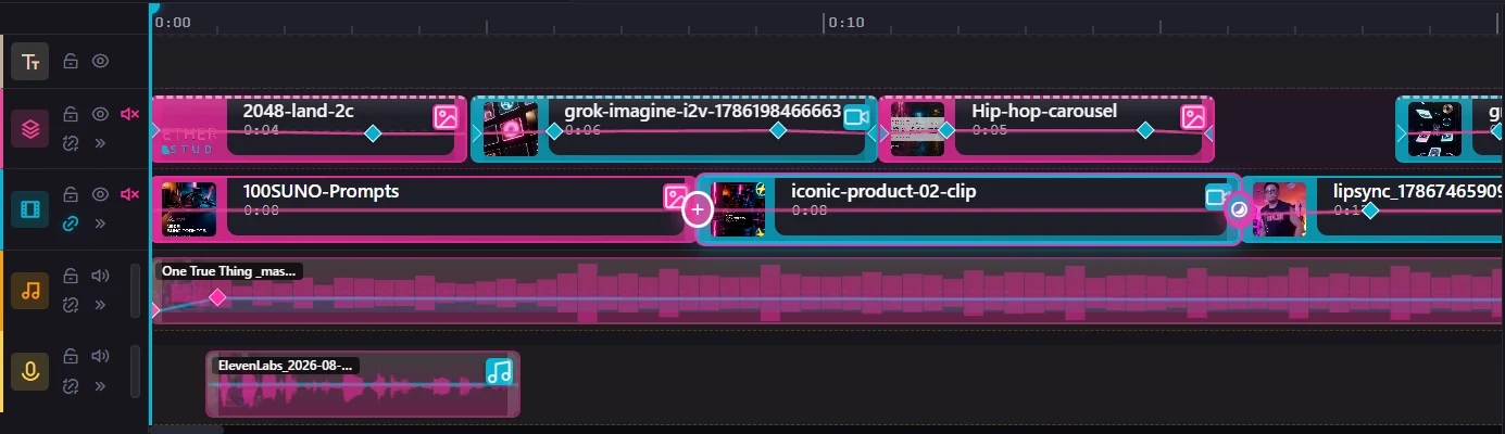 The Project Studio timeline with overlay, video, music and voiceover lanes and keyframes on the clips.
