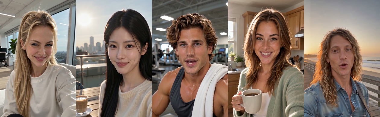 Five AI UGC characters made in UGC Studio: Amy, Katie, Cade, Cheryl and Rick