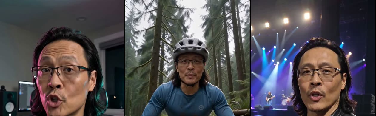The same AI clone in a home studio, on a forest trail and backstage